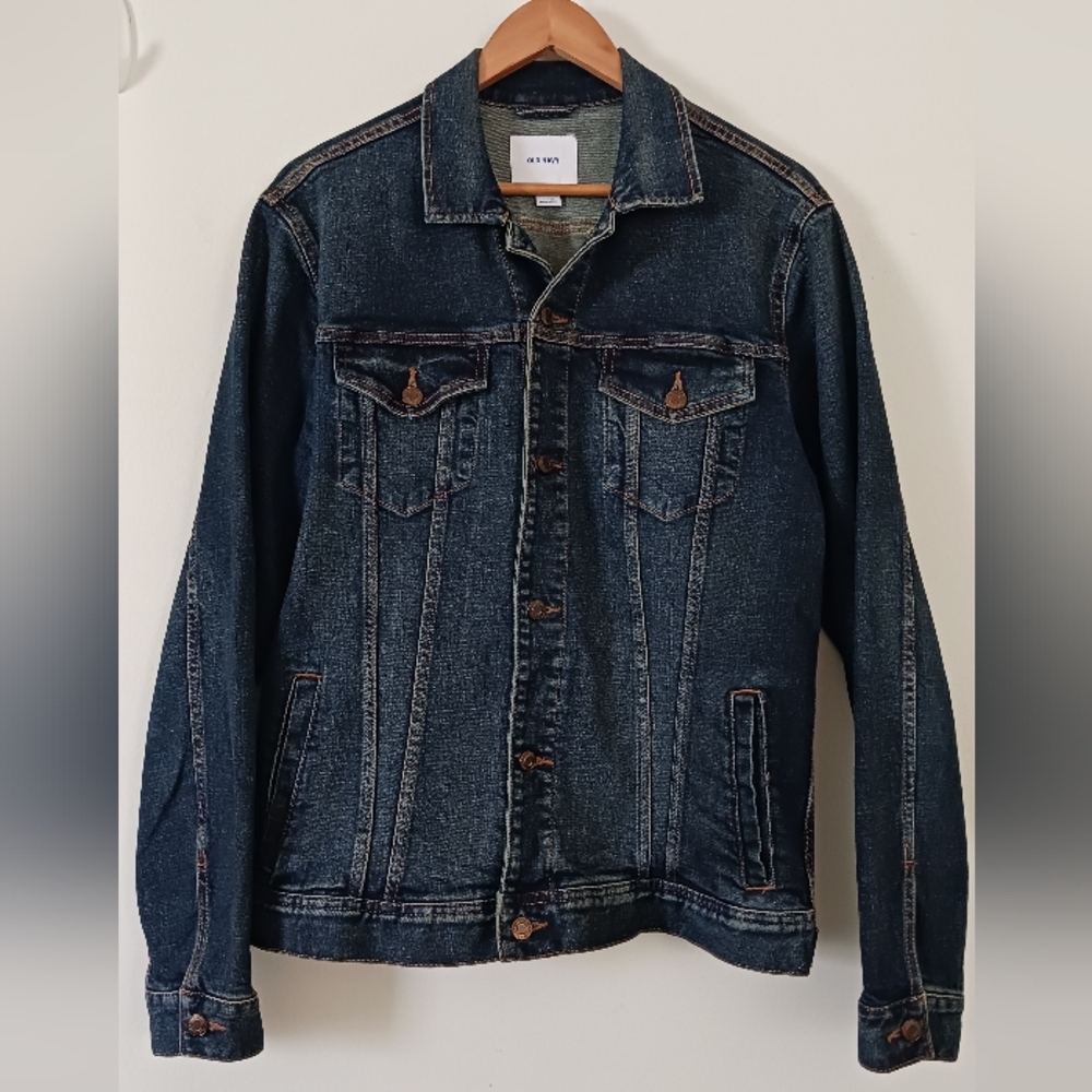 Old Navy Denim Jean Mens Jacket Medium Full Button Up W/ Pockets Dark Wash